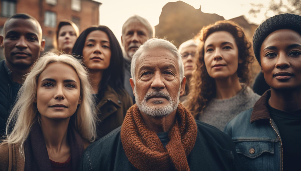 Une foule regarde la caméra